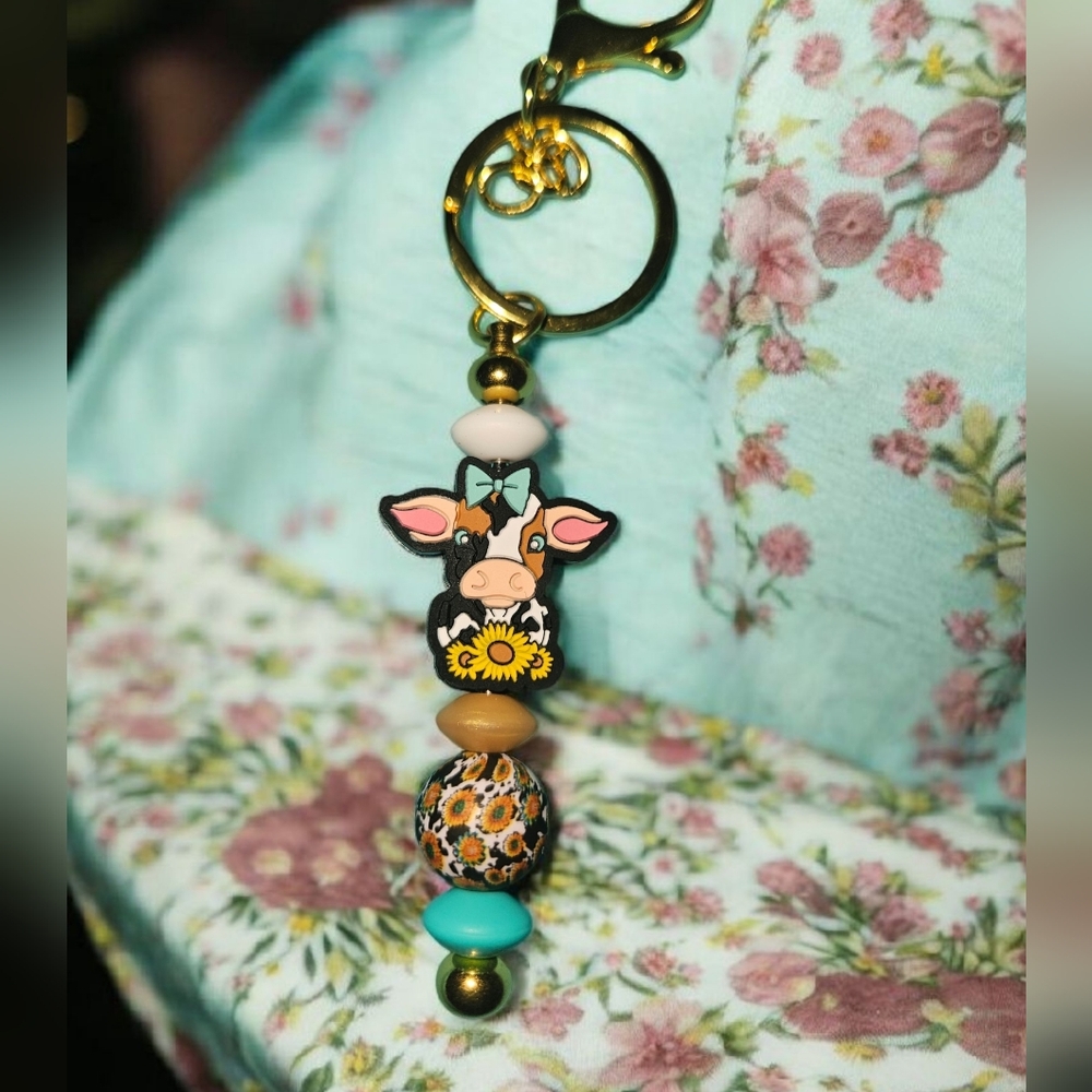 Floral Beaded Keychain with Cow Charm